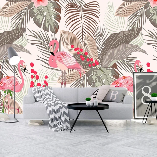 Papel pintado con foto 3D personalizado, cuadro de pared moderno de bosque  Tropical, hoja, Animal, flamenco, Mural de fondo de TV para sala de estar -  AliExpress
