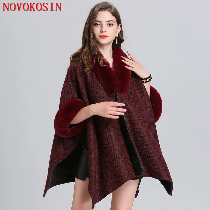 Women Faux Fox Fur Neck Knit Cardigan Overcoat Winter Warm Thick Short Batwing Sleeves Velvet Capes Ladies Hairy Out Streetwear sheepskin bow short gloves ladies fashion plus velvet thick warm driving winter leather gloves nw185 5