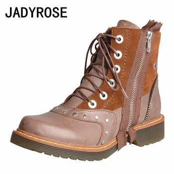 

Brown Leather Mixed Suede Women Short Chelsea Boots Studded Lace Up Short Autumn Knight Booties Winter Flats Motorcycle Boots