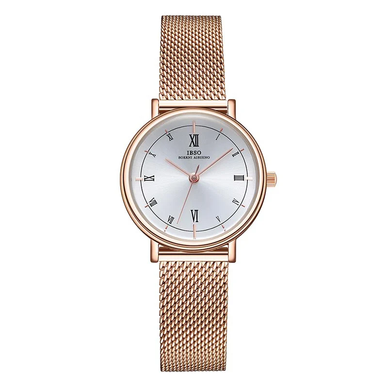 IBSO, женские кварцевые часы, розовое золото, ультра тонкий ремешок из нержавеющей стали, с сеткой, кварцевые часы, женские простые часы, Relogio Masculino - Цвет: B3628-WE-RG-SS