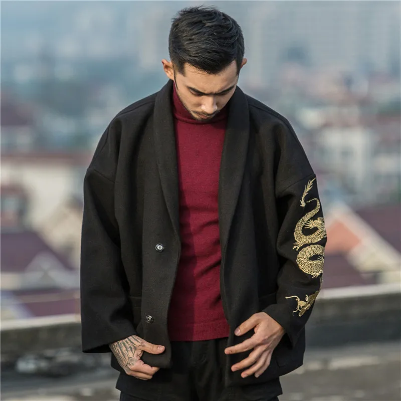Пальто с вышивкой дракона, Свободное пальто большого размера в китайском стиле, мужское осенне-зимнее шерстяное пальто, кимоно, халаты, винтажная куртка
