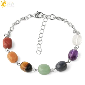 

CSJA New 7 Chakra Natural Stone Yoga Bracelet Irregular Reiki Tumbled Bead Link Chain for Female Meditation Healing Jewelry G338