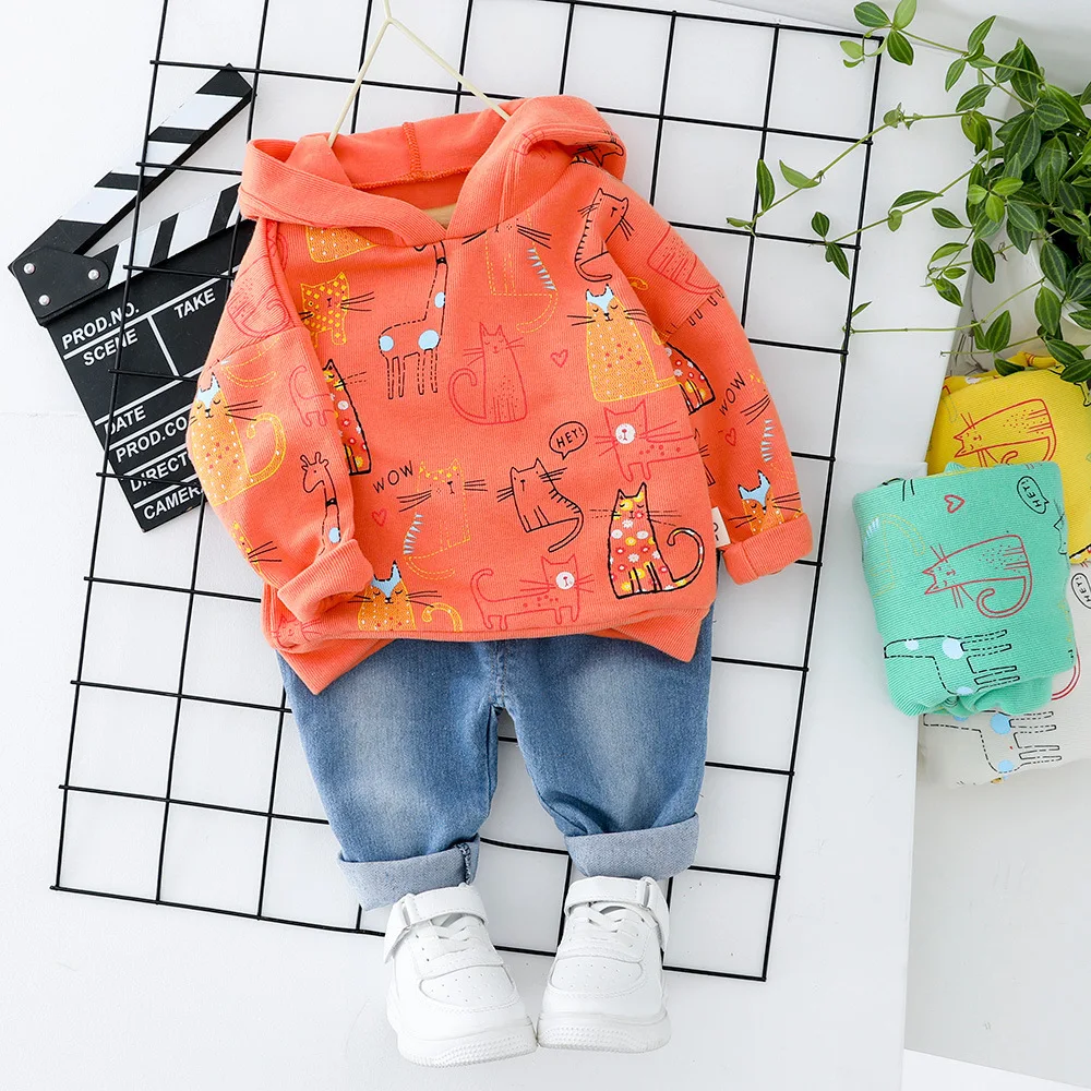 

2020 Spring And Autumn Children Baby CHILDREN'S Sweater Cute Cartoon Cat Full Printed Hooded Set