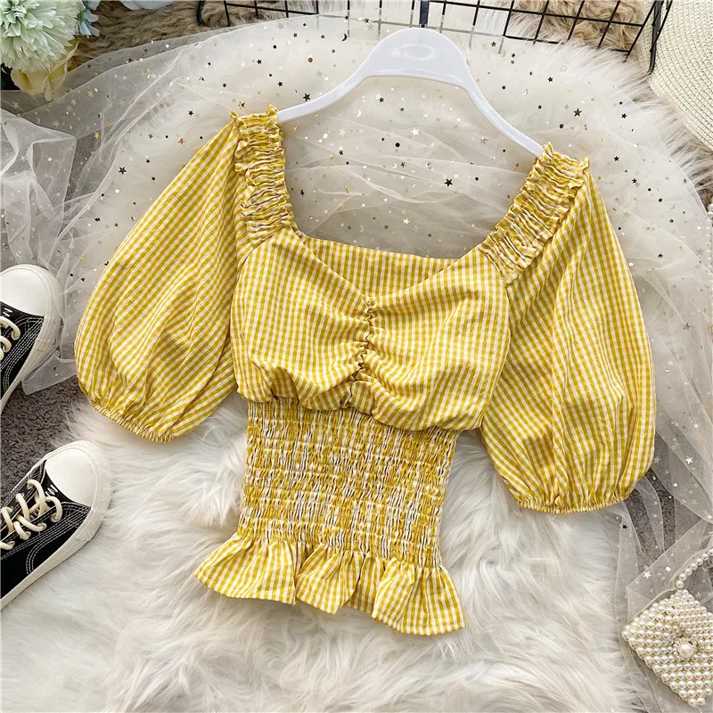 

Women's Summer New Short Sleeve Shirt Square Collar Plaid Shirt Short Design Puff Sleeve Open Clavicle Waist Top Blouse ML798