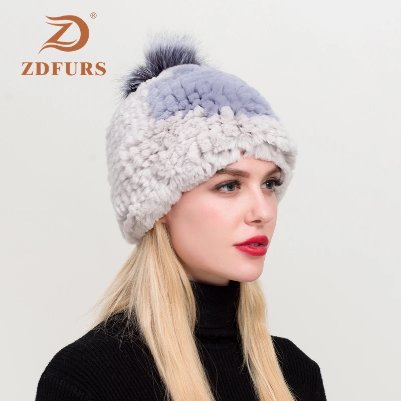 ZDFURS* Зимний Настоящий мех кролика шапка с помпон из лисьего меха женские зимние эластичные вязаные Настоящий мех кролика шапки