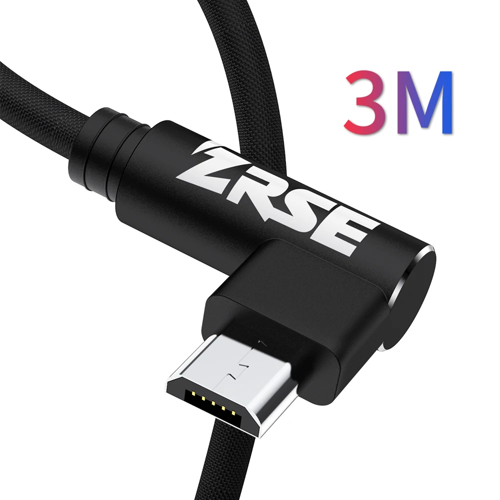 ZRSE Micro Usb Cable For Samsung S7 Huawei Xiaomi Redmi 2M 3M Fast Charging Data Sync USB Cable 90 Degree Elbow Charger Cord