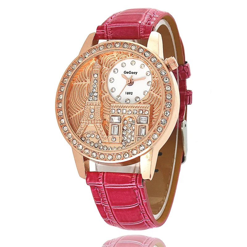 

Relief Diamond Set Eiffel Iron Tower Arc De Triomphe Watch Stereo Iron Tower Watch Women's Hot Selling Belt Quartz Watch