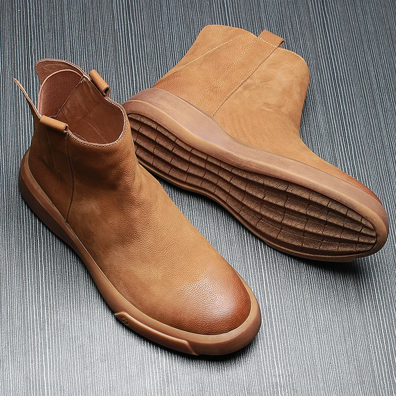 Big Size Plus Velvet British High Top Thick Bottom Genuine Leather Chelsea Boots Mens Autumn Winter Military Boots Round Cowhide