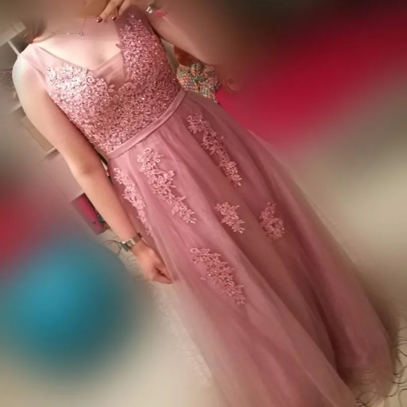 

Real Photo Pink Tulle Long Evening Dress 2019 Elegant A line Formal Party Gown Double V Neck Sleeveless Bead Applique Prom Dress