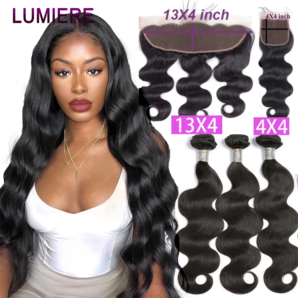 Lumiere del pelo de la onda del cuerpo extensiones de cabello humano con cierre Remy Peruvian pelo de la onda del cuerpo 3/4 paquetes con Frontal de 30 pulgadas de extensión