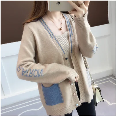 New sweater women v-neck button pocket long sleeve Knitted autumn and winter loose Korean cardigan sweaters