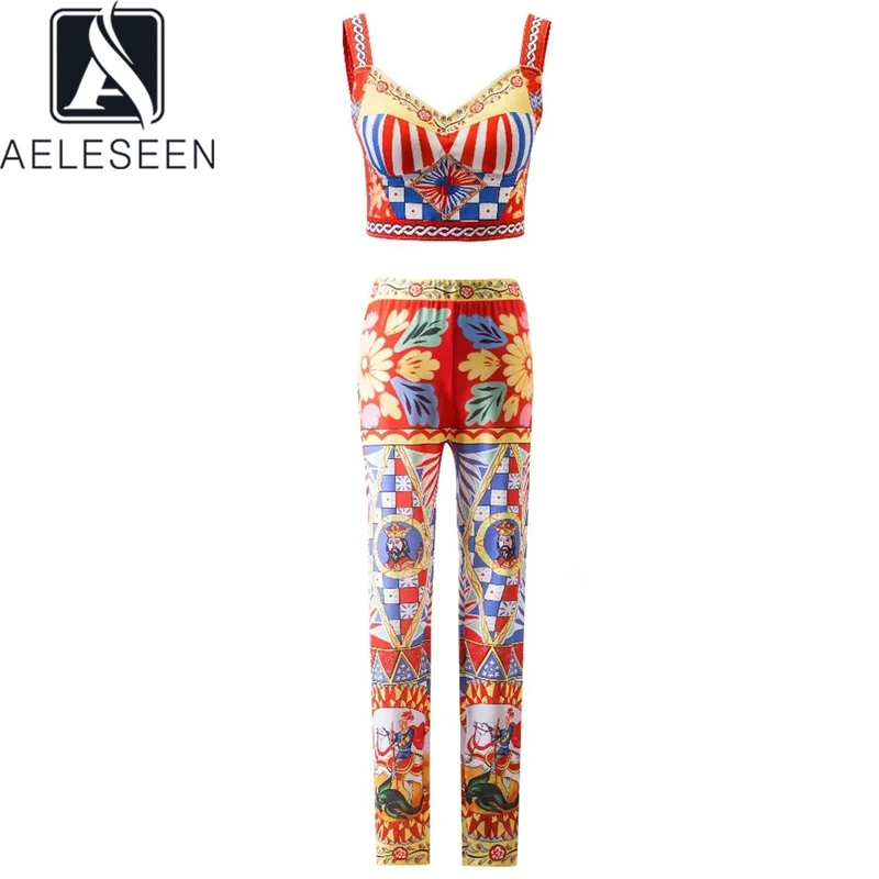 Aeleseen 女性用の伸縮性のあるフラワーベストとパンツ 細いストラップ付きのショートトップ レトロな花の戦士の衣装 夏用 パンツスーツ Aliexpress
