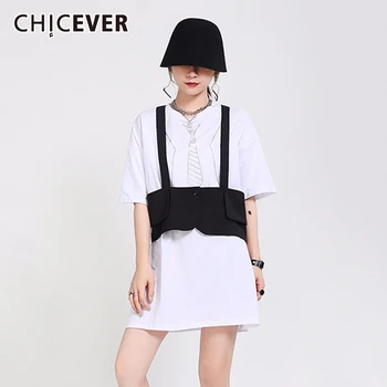 

CHICEVER Korean Casual Two Piece Set Women O Neck Short Sleeve Diamonds T-shirt Sleeveless Vests Female Suits 2020 Summer New