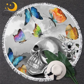 

BlessLiving Gothic Tapestry Floral Round Beach Towel Black and White Skull Toalla Sunblock Blanket Colorful Butterfly Picnic Mat