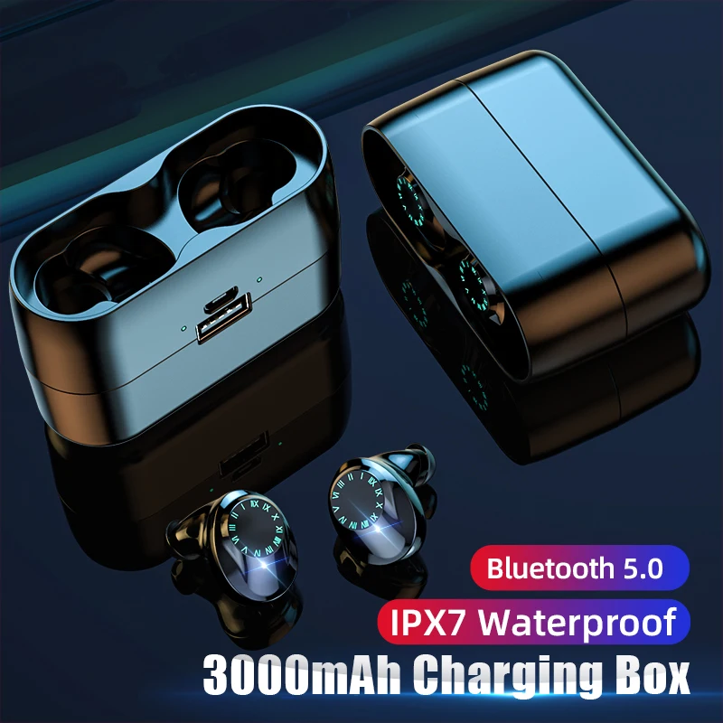V5.0 беспроводные наушники Bluetooth наушники с сенсорным управлением IPX7 водонепроницаемые с 3000 мАч зарядным устройством гарнитура с микрофоном