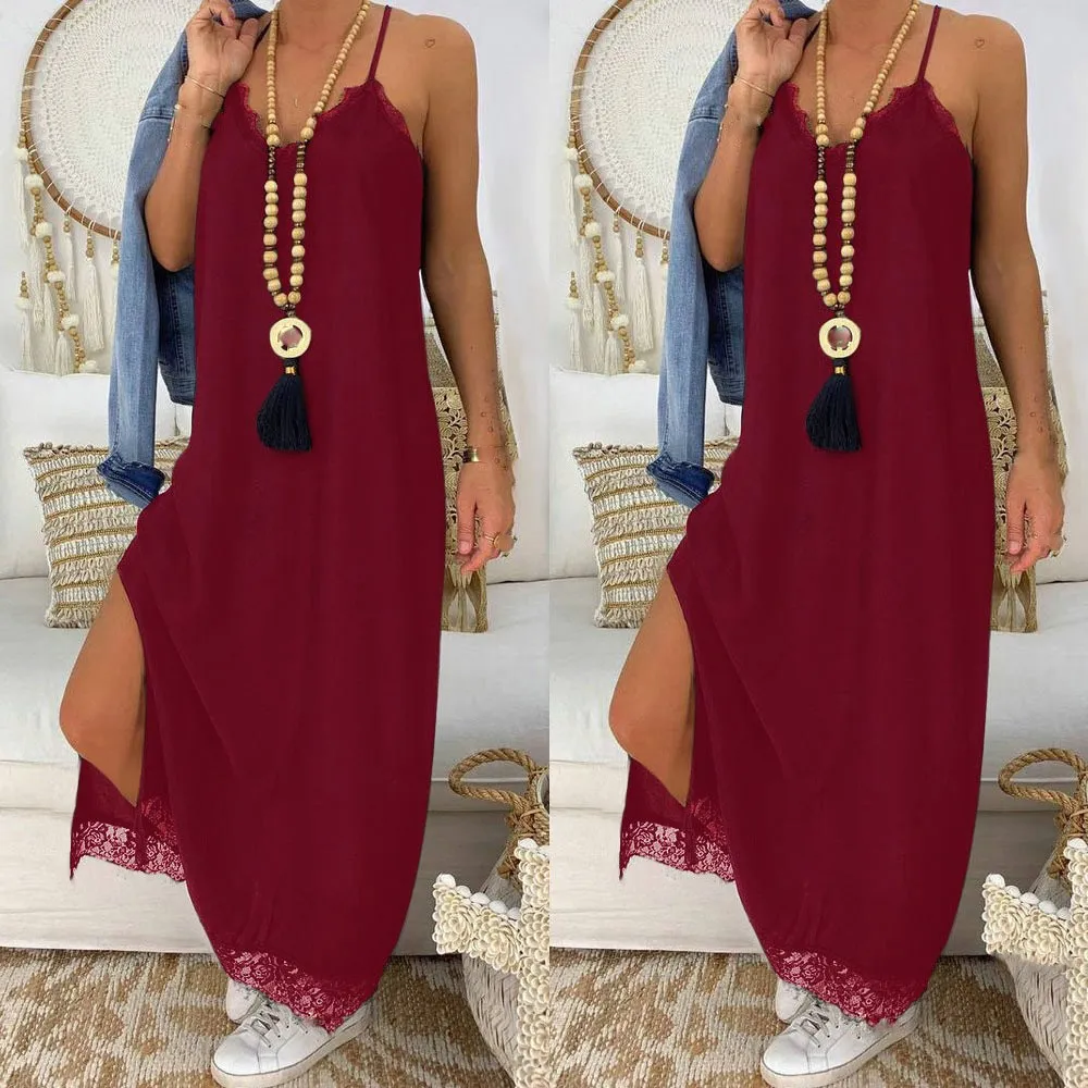 

Fashion Nice Women Lace Patchwork Sexy Dresses Casual Spaghetti Strap Beach Maxi Dresses V-Neck High Slit Loose Party Dress