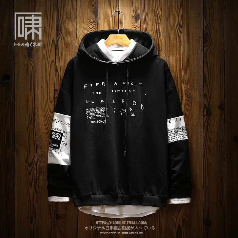 Casual Sweatshirt Men Printing Loose Black Round Neck Letterman Hoodies Splice Japanese Graffiti Cotton Hipster Punk Tracksuit