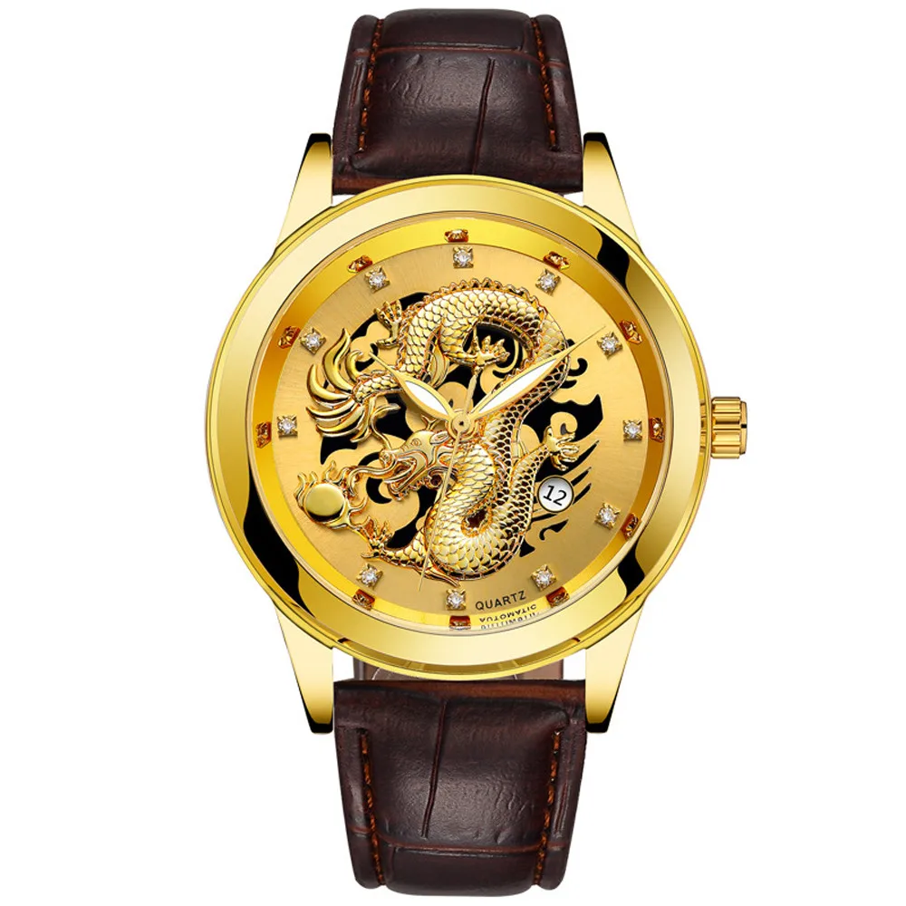 Шикарные часы водонепроницаемые Relogio Masculino мужские s золотые скульптура дракона кварцевые часы Роскошные мужские кожаные Наручные часы подарок для мужчин 60 - Цвет: as photo