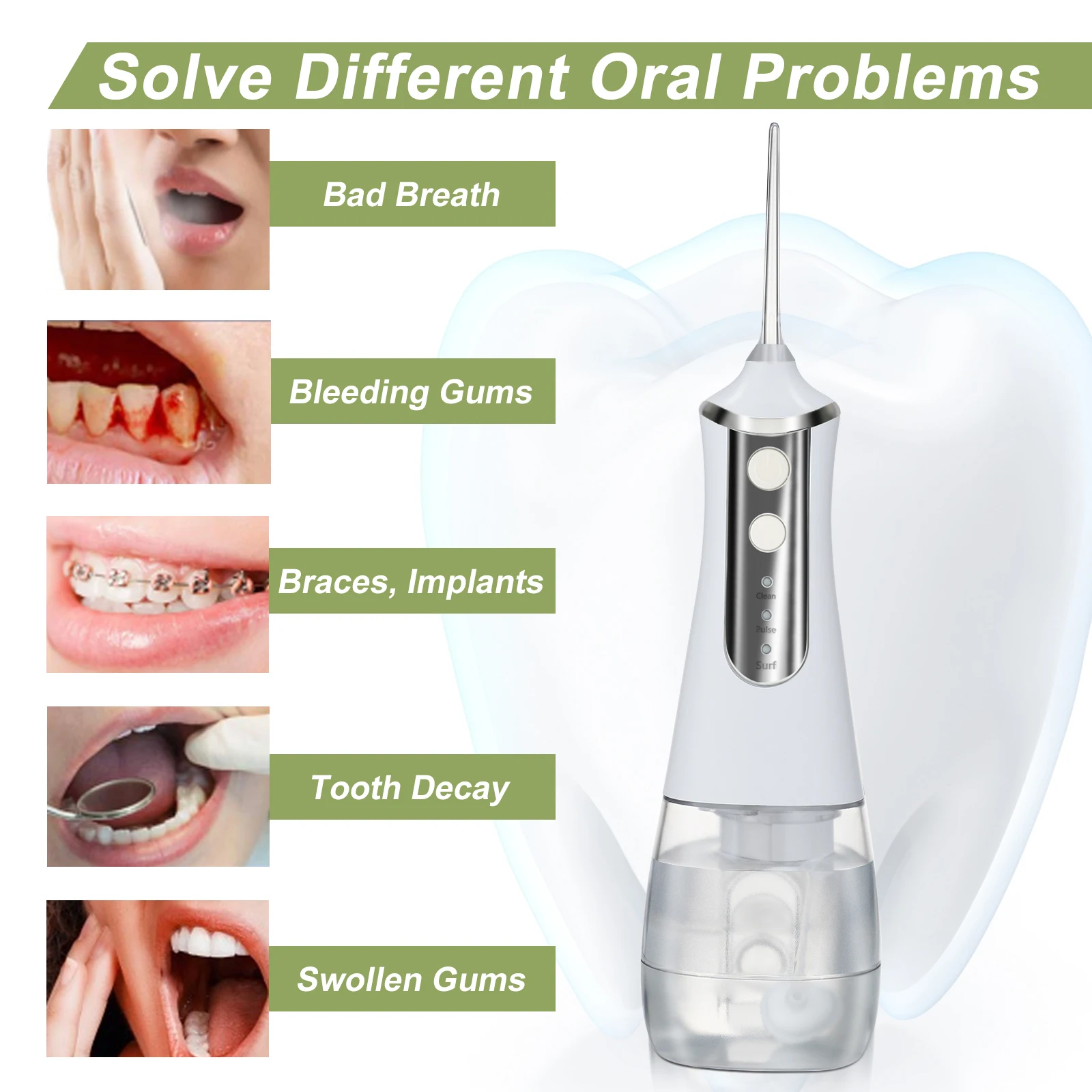 Portable Oral Irrigator Water Flosser USB Rechargeable Cordless 350 ML IPX6 Waterproof 3 Modes 5 Water Jet Tips Tooth Pick