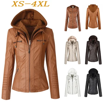 

Women Faux Leather Jacket Coat 2019 Women Gothic Motorcycle Hooded Zipper Women Jacket Coat Collar PU Leather Black Outwear