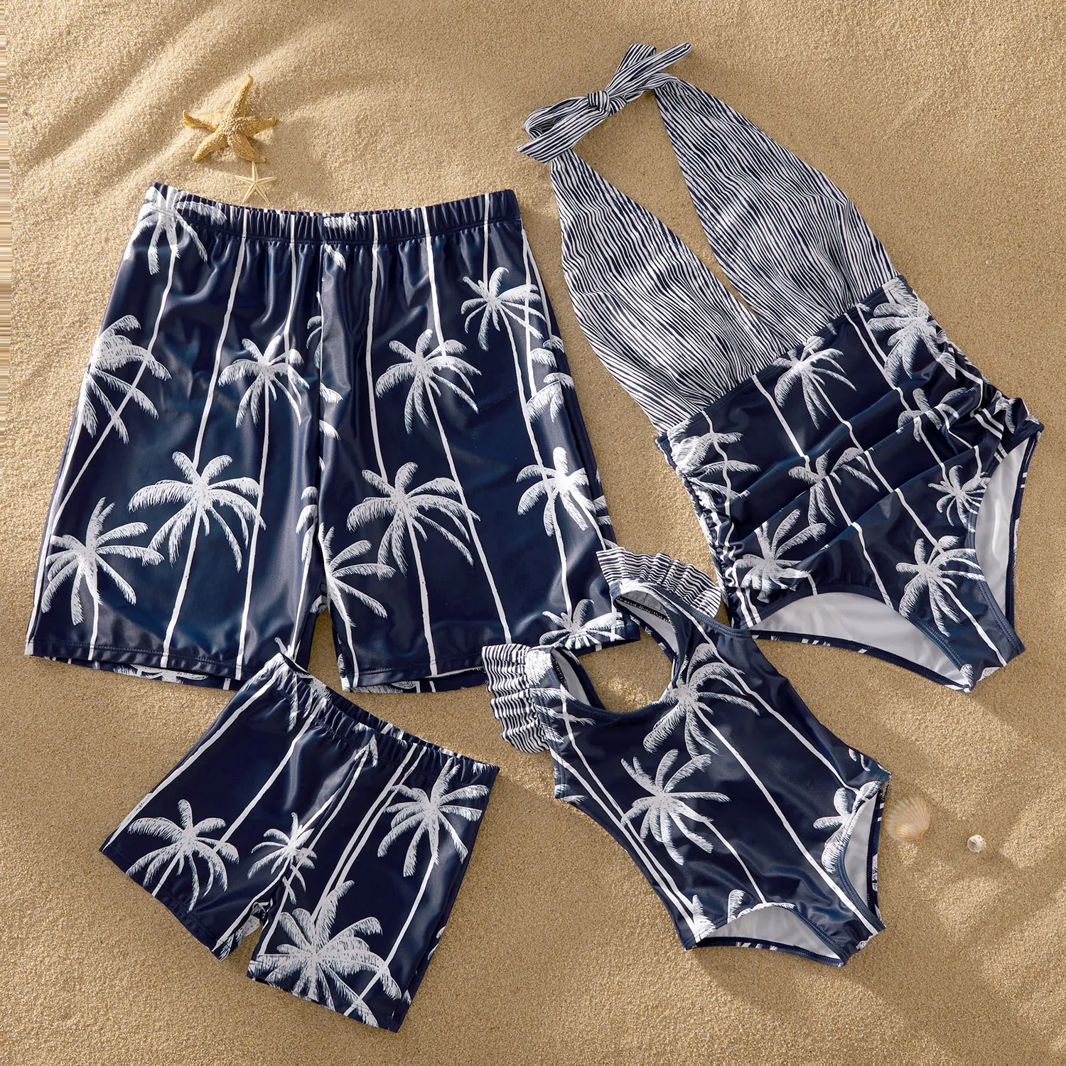 PatPat 2021 New Summer Mosaic Family Matching Coconut Tree Striped Halter Swimsuits