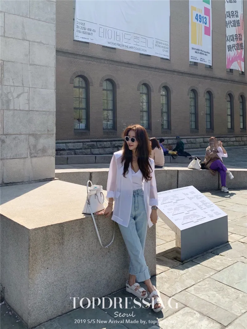 Южная Корея Dongdaemun стиль качество класс органза прозрачные подплечники пальто Модный повседневный костюм куртка