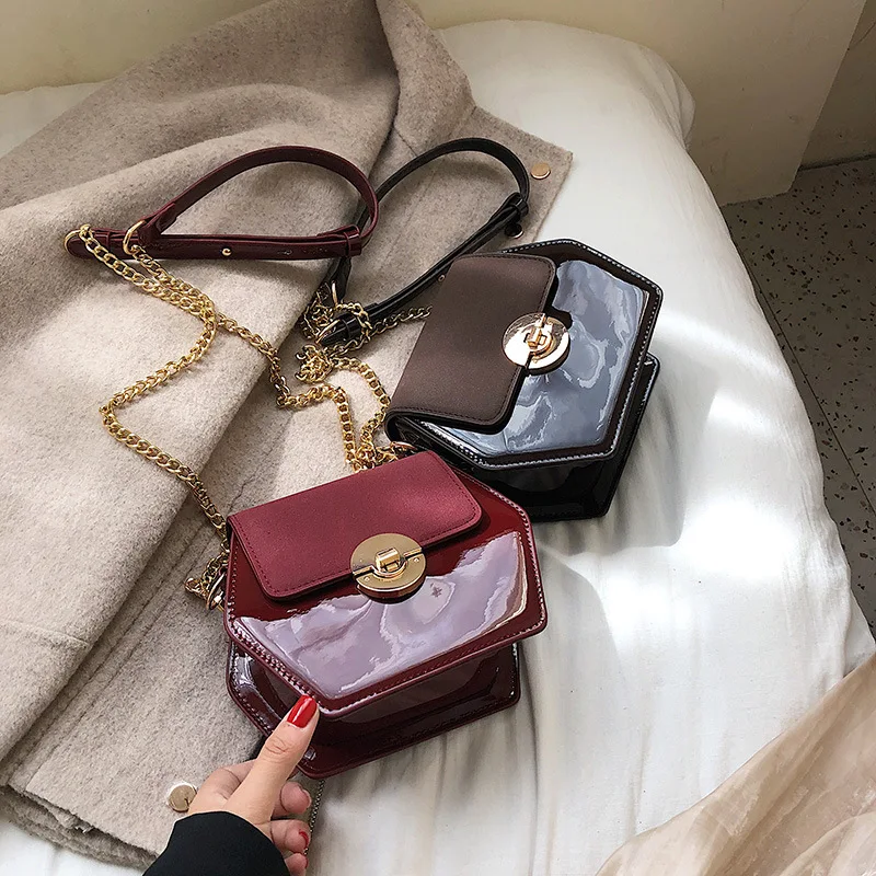 

Suede Women Crossbody Bag Autumn Vintage Female 2019 New Hexagon Fashion Chain Patent Leather Square Shoulder Messenger Bag