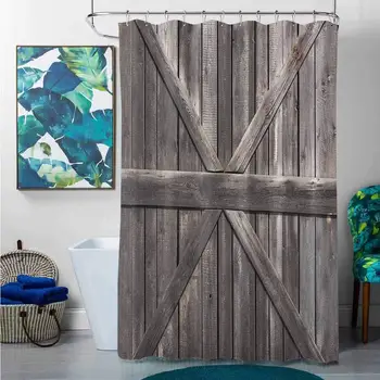 

Teal Shower Curtains for Bathroom Rustic,Old Wooden Door with Big Cross Design Rustic Country Life Architecture Building