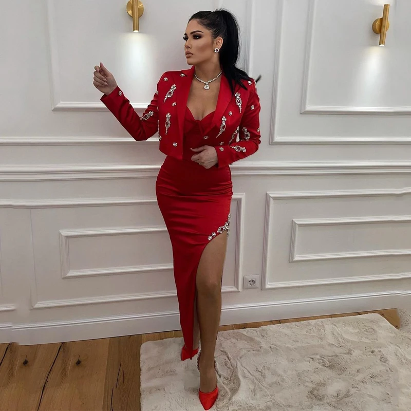 

Thinyfull Sexy Prom Dresses 2 Pieces Mermaid Evening Dress 2022 Beadings Tea Length Saudi Arabia Cocktail Party Gowns Plus Size