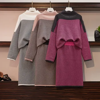 

L-4XL plus size autumn winter knitted 2 piece set women turtleneck sweater pulliver striped skirt suit elastic waist