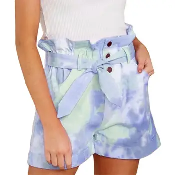 

Women Summer Tie-Dye Shorts Ruffles High Waist Bowknot Casual Loose Pants S-5XL M7DD
