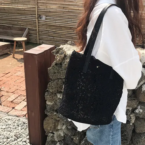 2021 New Summer Chic Girl Lace Shoulder Bag With Liner Package Women Handbag Female Tote Bags Big Capacity Foldable Beach Bag 