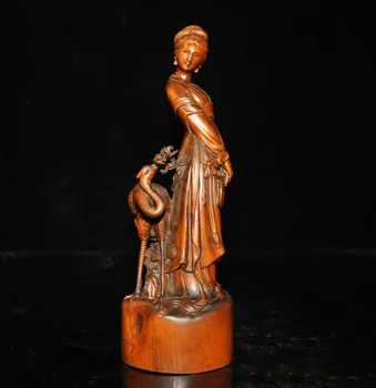 

wedding decoration 9"Chinese Boxwood wood hand Carverd classic Crane bird beauty Belle Woman Statue