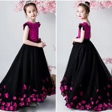 Новые черные, ярко-розовые платья с объемными цветами для девочек Тюлевое платье трапециевидной формы, расшитое бисером, с объемными цветами, для дня рождения вечерние платья для маленькой принцессы
