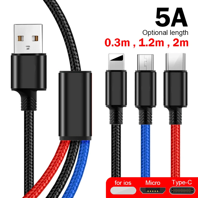 Быстро Зарядное устройство кабель супер Зарядное устройство кабель 3 в 1 Micro Тип type-C USB для Iphone 6/7/8 X HuaweiXIAOMI USB кабель для зарядки и передачи данных 1,2 м