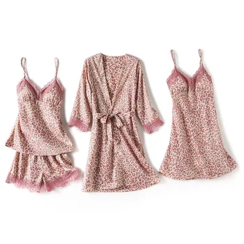 

Satin Women 4PCS Kimono Robe Gown Casual Pajamas Set Nightwear Nighty&Robe Suit Silky Intimate Lingerie Home Clothes Nightgown