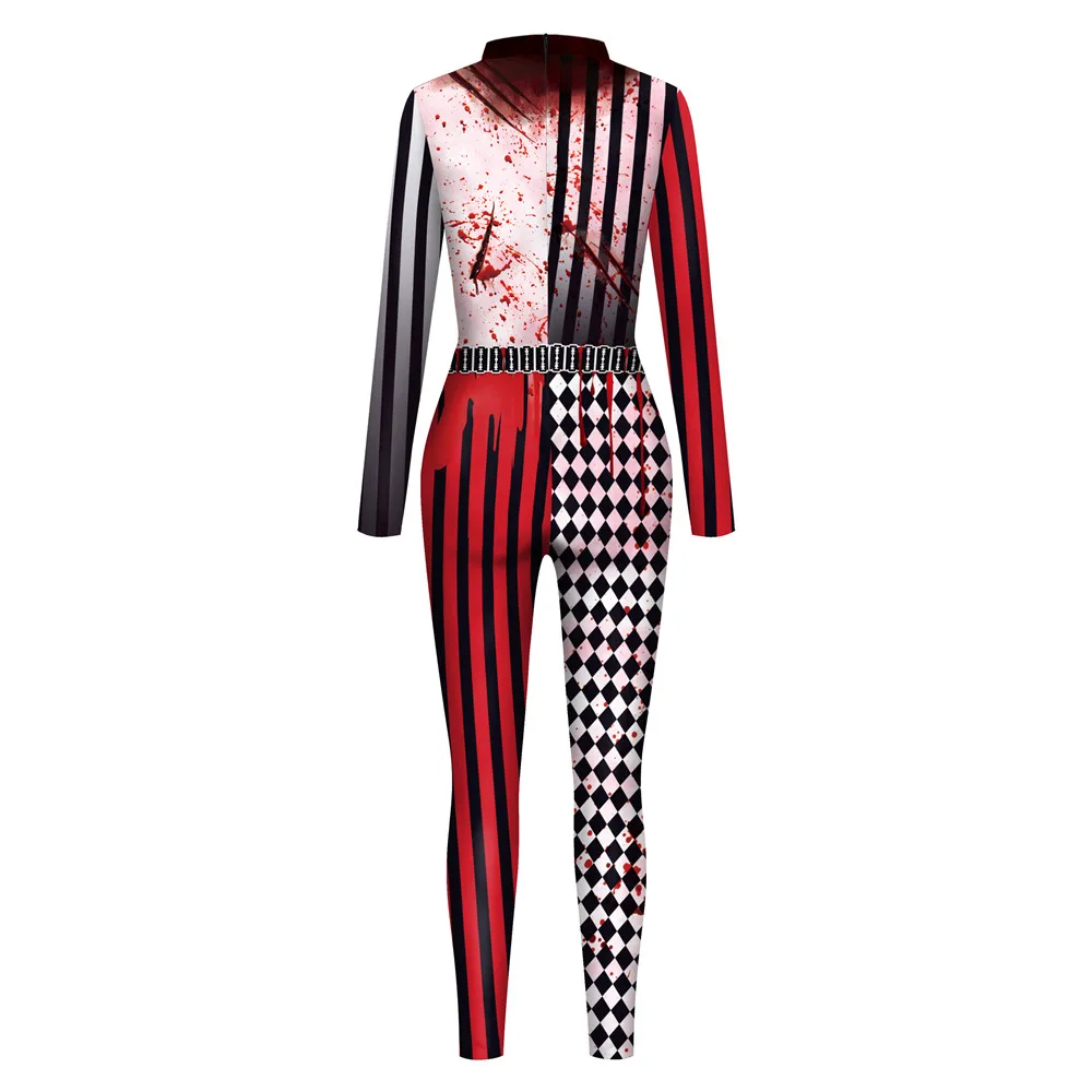 FCCEXIO Women/Men Circus Hell Printed Scary Jumpsuit Halloween Party Cosplay Costume Bodysuit Adults Fitness Onesie Outfits