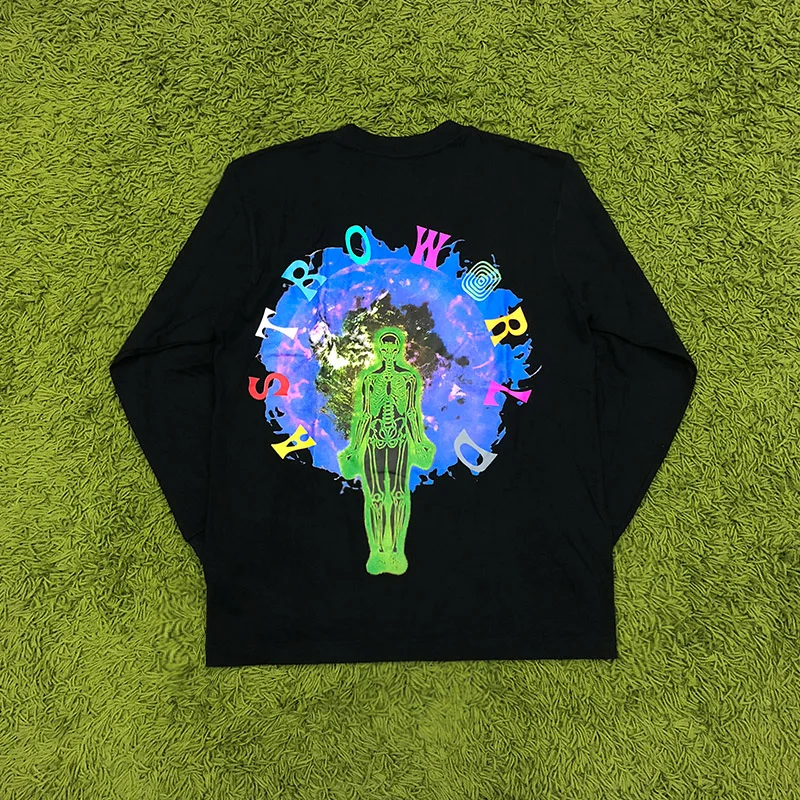 

Men Women T-shirts Astroworld T-shirt Travis Scott Tee Green skeleton Logo Print Astroworld Tops Long Sleeve Rocky