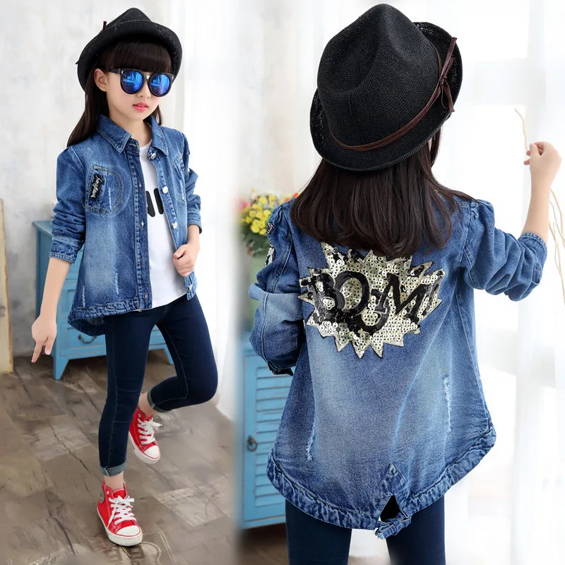 

2019 Spring And Autumn New Style Childrenswear Long Sleeve Casual Korean-style Big Boy Sequin Jeans Coat Girls Denim Windbreaker