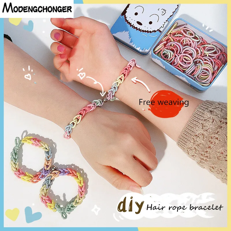 1PC DIY Rainbow Couple Bracelet Elastic Hair Ring Dual-use Wrist Braided Small Rubber Colored Hair Rope Headwear Hair Accessorie 1 set xmas key chains diy colored diamonds key ring diy bag hanging decor