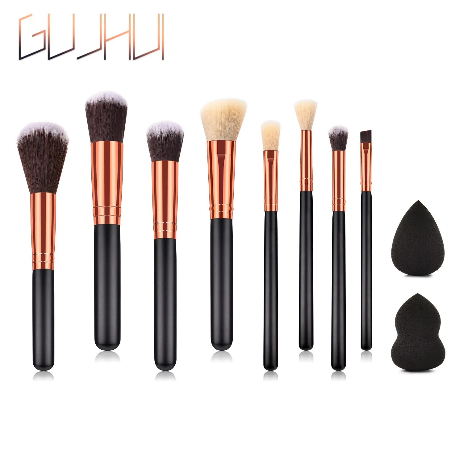 

Eight Makeup Brushing and Beauty Tools Combination of Black and Gold Powder Puff and High-end Wood Handle GUJHUI