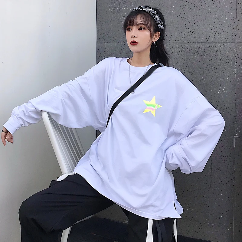 Женские футболки, топы, японские Kawaii, для девушек, Ulzzang, с принтом, светоотражающие, с длинным рукавом, футболка, женская, Harajuku, одежда для женщин