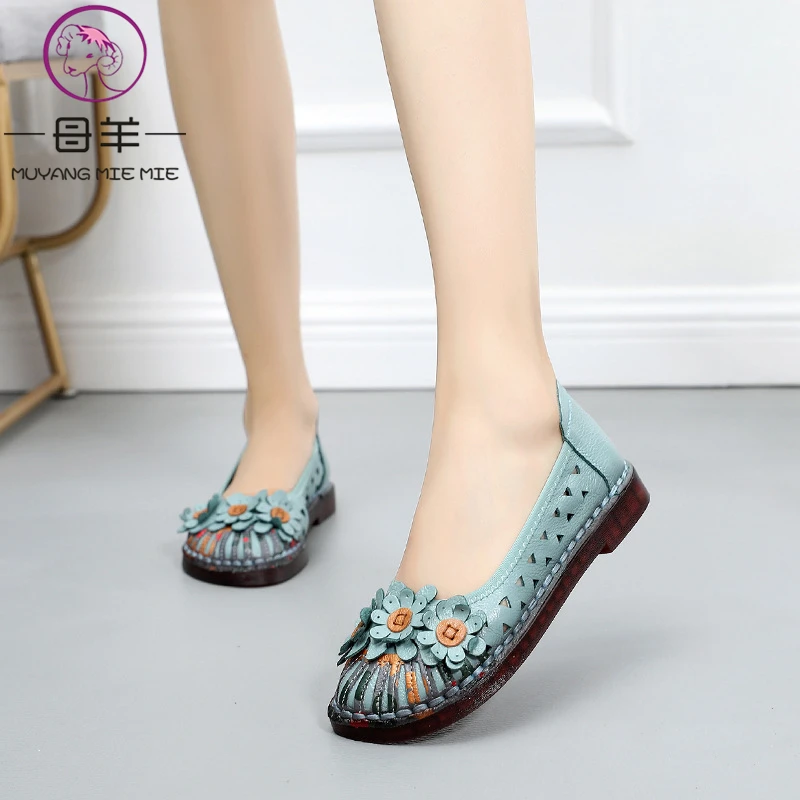 

MUYANG Summer Sandals Women Genuine Leather Hollow Flats Sandals 2020 Ladies Shoes Summer Casual Flower Breathable Women Sandals