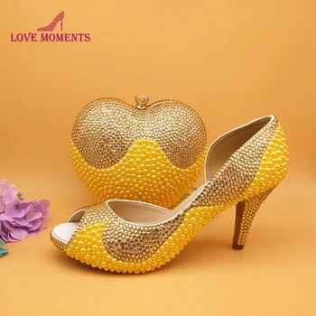 

2020 New arrival Peep toe Wedding Party Prom Shoes with Heart Bag 3 Inches High Heel Bride Dress Shoes with Clutch Gold Yellow
