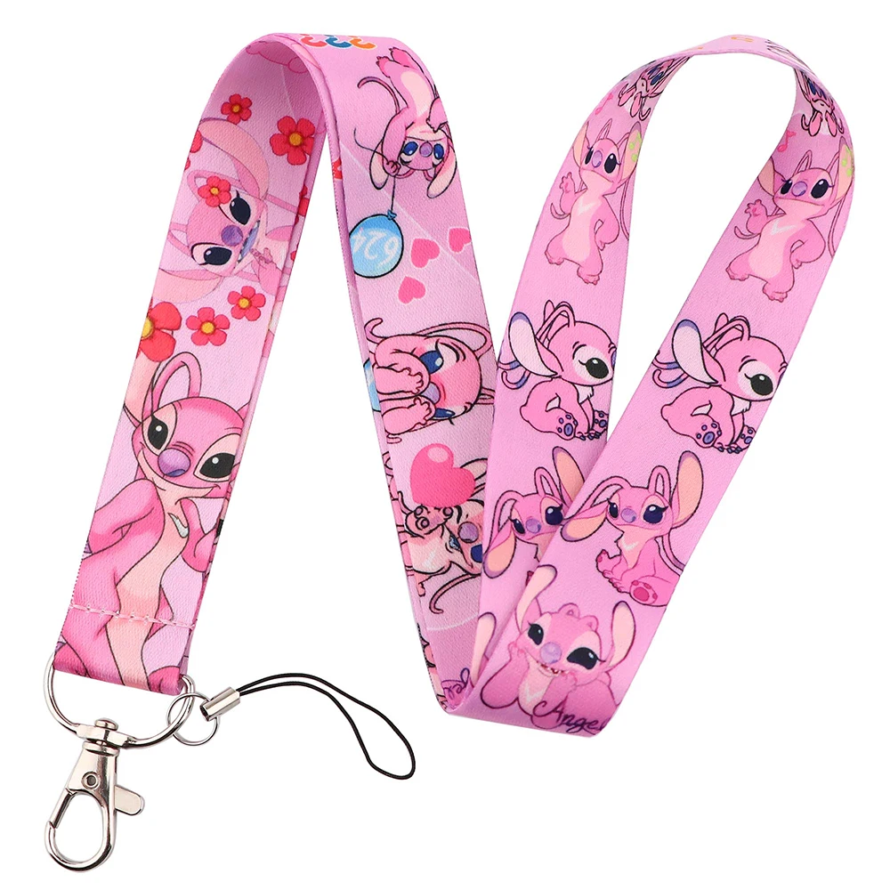 YQ776 Stitch and Pink Angel Lanyard Travel ID Card Cover Badge Holder Cartoon Keychain Neck Strap Telephone Cord Lariat