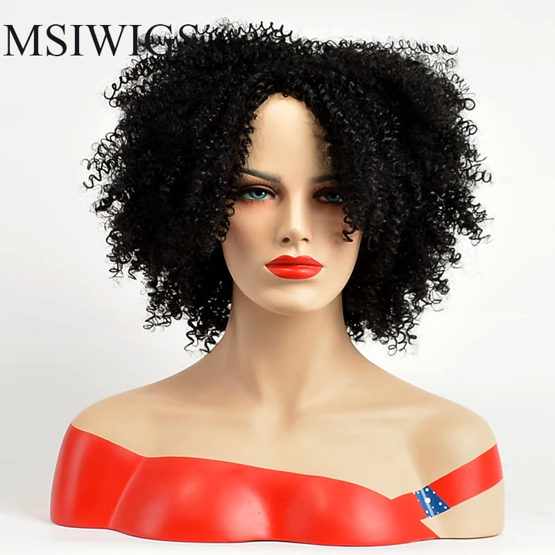 

MSIWIGS Synthetic Woman Curly Wig for Womens African American Afro Black Short Wig Heat Resistant Fiber