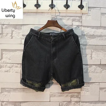 

Harajuku Mens Summer Short Jeans Camouflage Patchwork Denim Beach Shorts Casual Streetwear Big Boys Knee Length Male Trousers