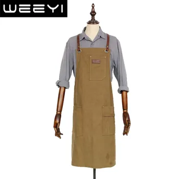 

WEEYI 2020 Khaki Unisex Work Apron For Men Canvas apron Bib Adjustable barber cooking kitchen aprons for woman w/ Tool pocket