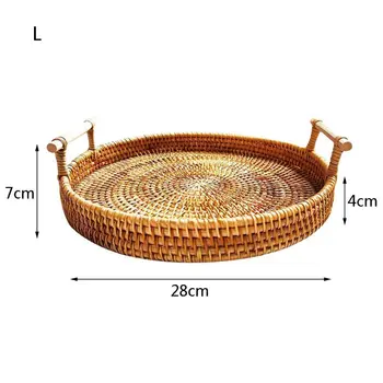 

Round Rattan Storage Tray Basket with Handle Hand-Woven Bread Fruit Food Display