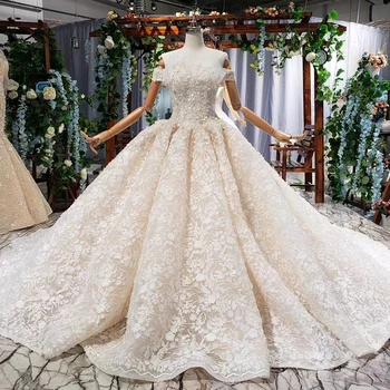 شراءHTL730 الكرة ثوب الزفاف فساتين مع قطار قبالة الكتف يزين و مطرزة الدانتيل يصل فستان الزفاف Vestido دي Noiva برنسيسا